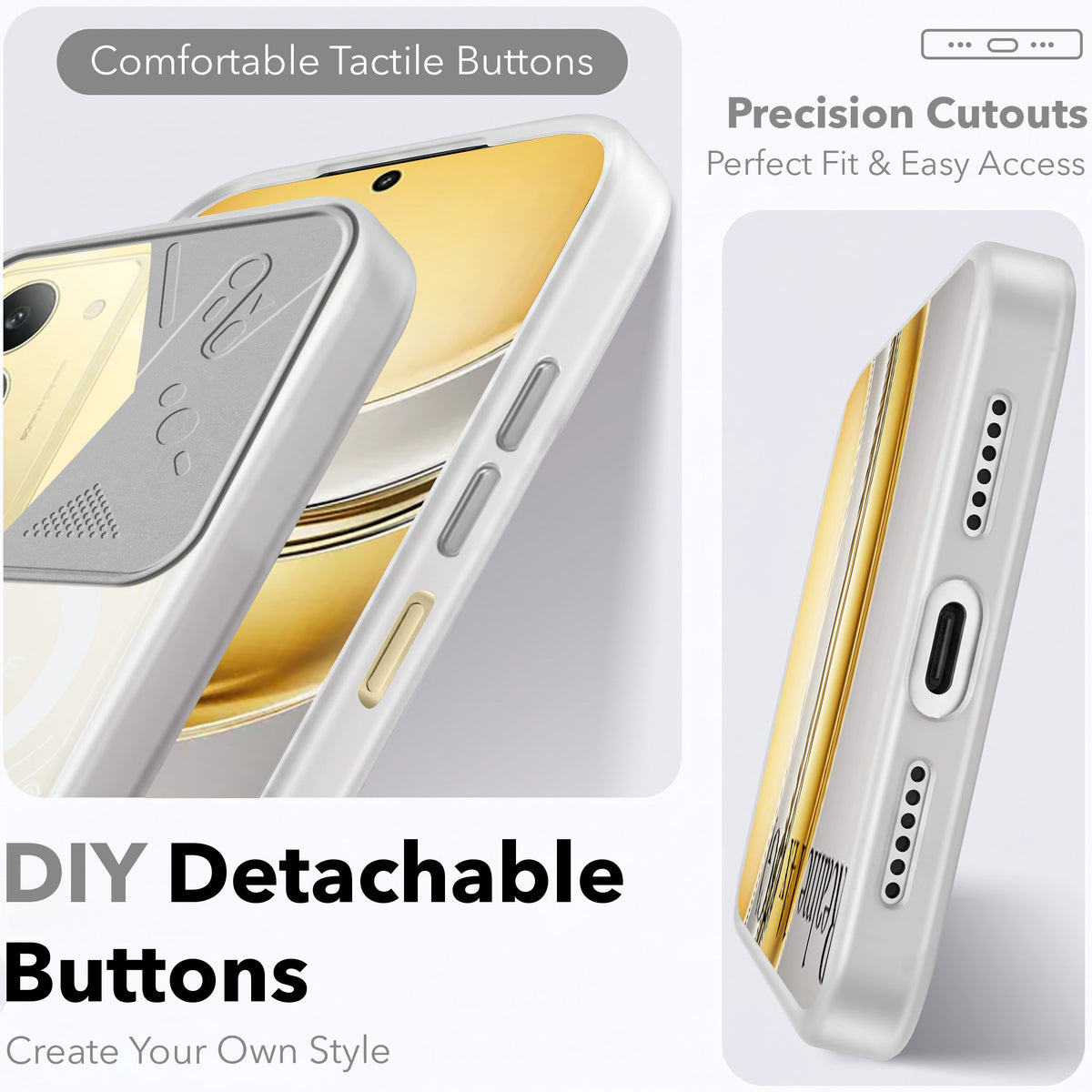 For Realme 14X Metallic Back Cover Case (Metallic Camera Protection & Buttons | Translucent Milky Shade | Hard Polycarbonate)