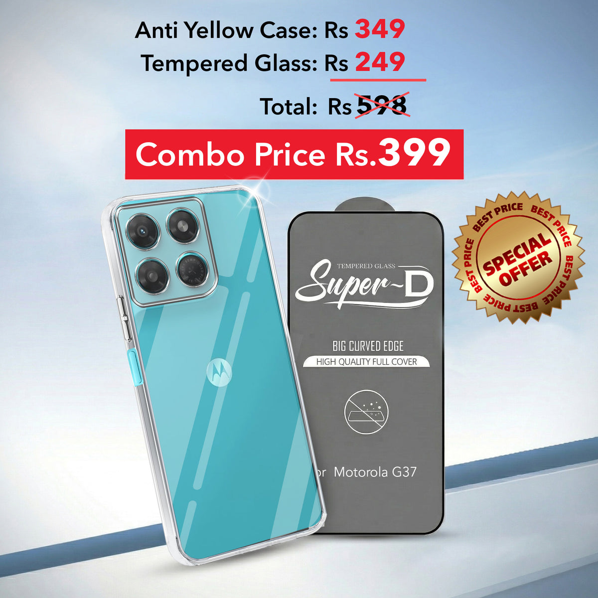 For Motorola Moto G37 Combo with Back Cover and 9H Tempered Glass (Lifetime Anti-Yellow | Sleek Hard Crystal | Oleophobic Coating Screen Glass)