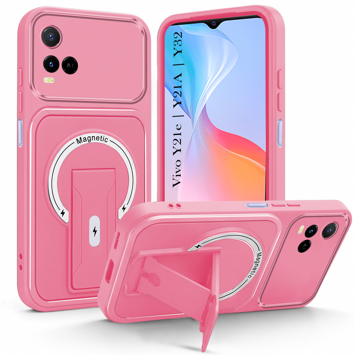 For Vivo Y21e | Vivo Y21A | Vivo Y32 Back Case Cover Metallic (Hybrid Armor Kickstand | MagSafe Compatible | Camera Protection Shockproof)