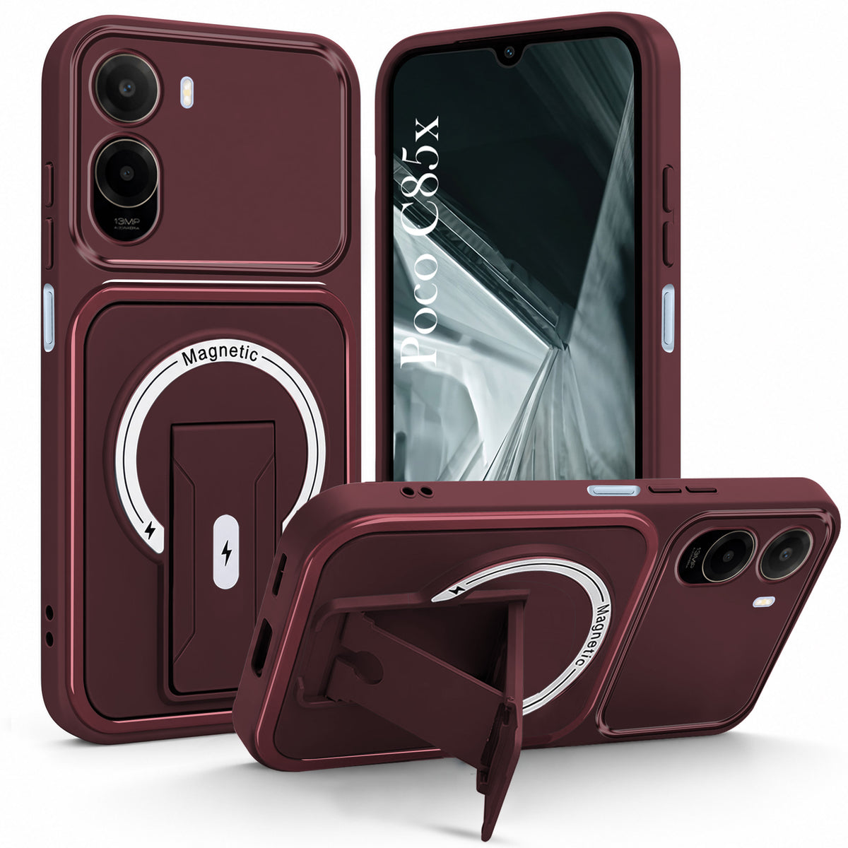For Poco C85x 5G Back Case Cover Metallic (Hybrid Armor Kickstand | MagSafe Compatible | Camera Protection Shockproof)