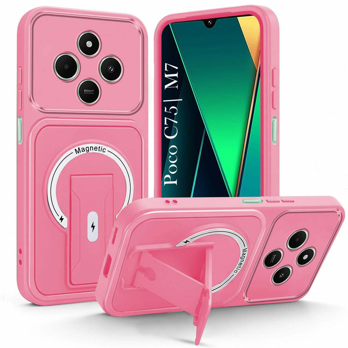 For Poco C75 | Poco M7 Back Case Cover Metallic (Hybrid Armor Kickstand | MagSafe Compatible | Camera Protection Shockproof)