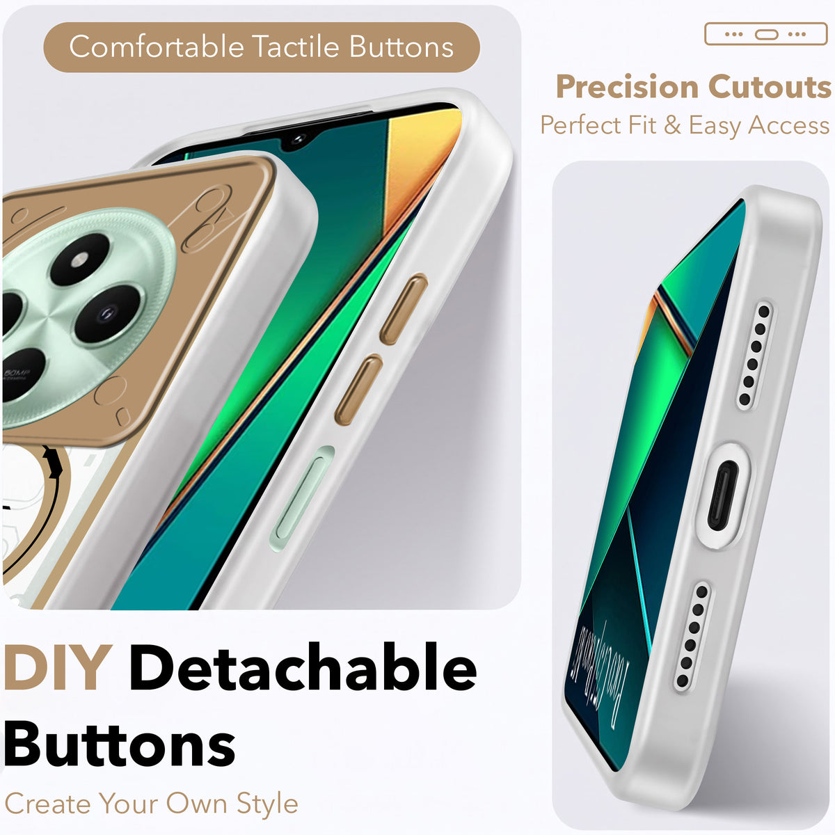 For Poco C75 | Poco M7 Metallic Back Cover Case (Metallic Camera Protection & Buttons | Translucent Milky Shade | Hard Polycarbonate)