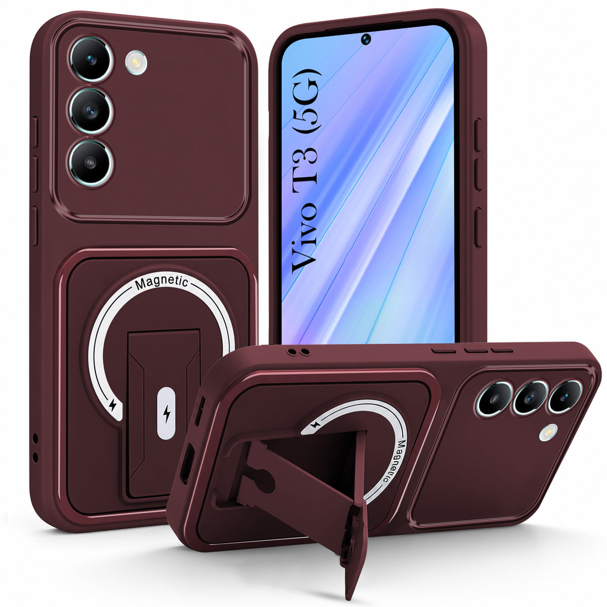 For Vivo T3 5G Back Case Cover Metallic (Hybrid Armor Kickstand | MagSafe Compatible | Camera Protection Shockproof)