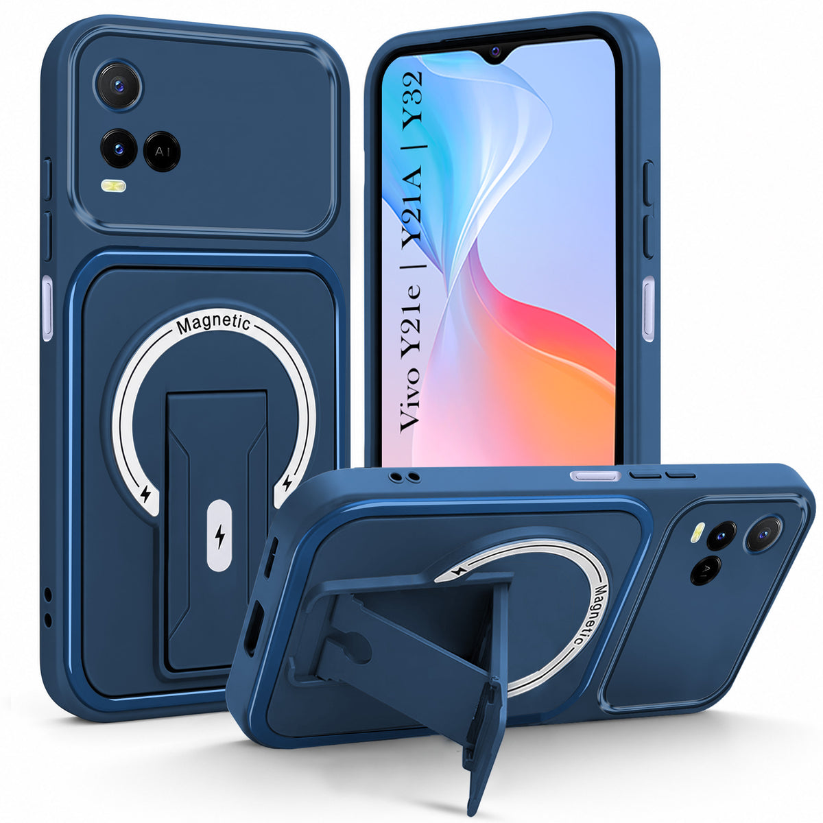 For Vivo Y21e | Vivo Y21A | Vivo Y32 Back Case Cover Metallic (Hybrid Armor Kickstand | MagSafe Compatible | Camera Protection Shockproof)
