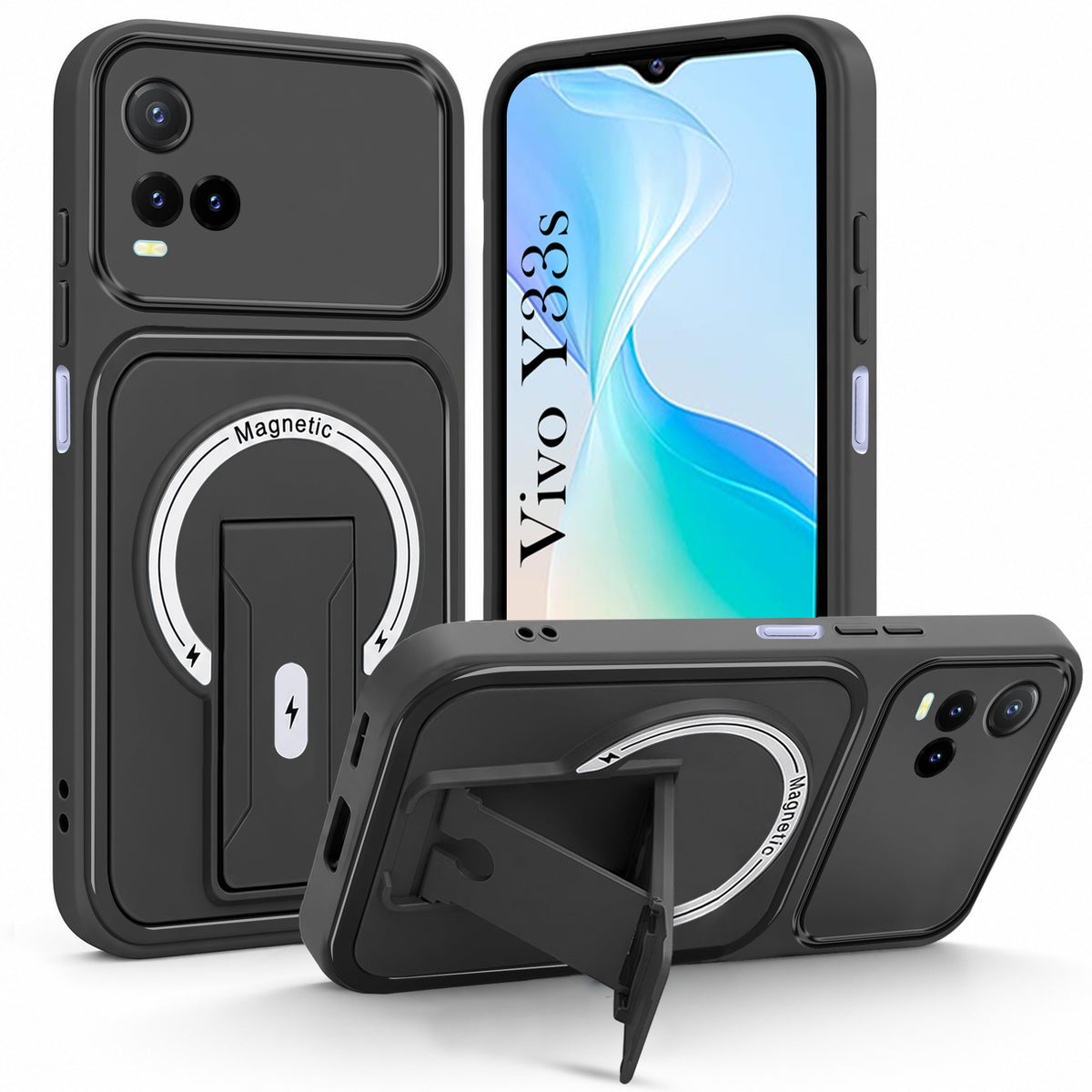 For Vivo Y33s Back Case Cover Metallic (Hybrid Armor Kickstand | MagSafe Compatible | Camera Protection Shockproof)