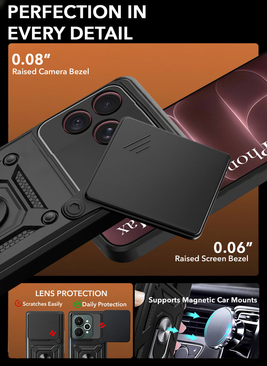 For Apple iPhone 18 Pro Max Back Cover Case Hybrid Armor (Sliding Shutter Camera Protection | Polycarbonate |Ring Holder Kickstand)