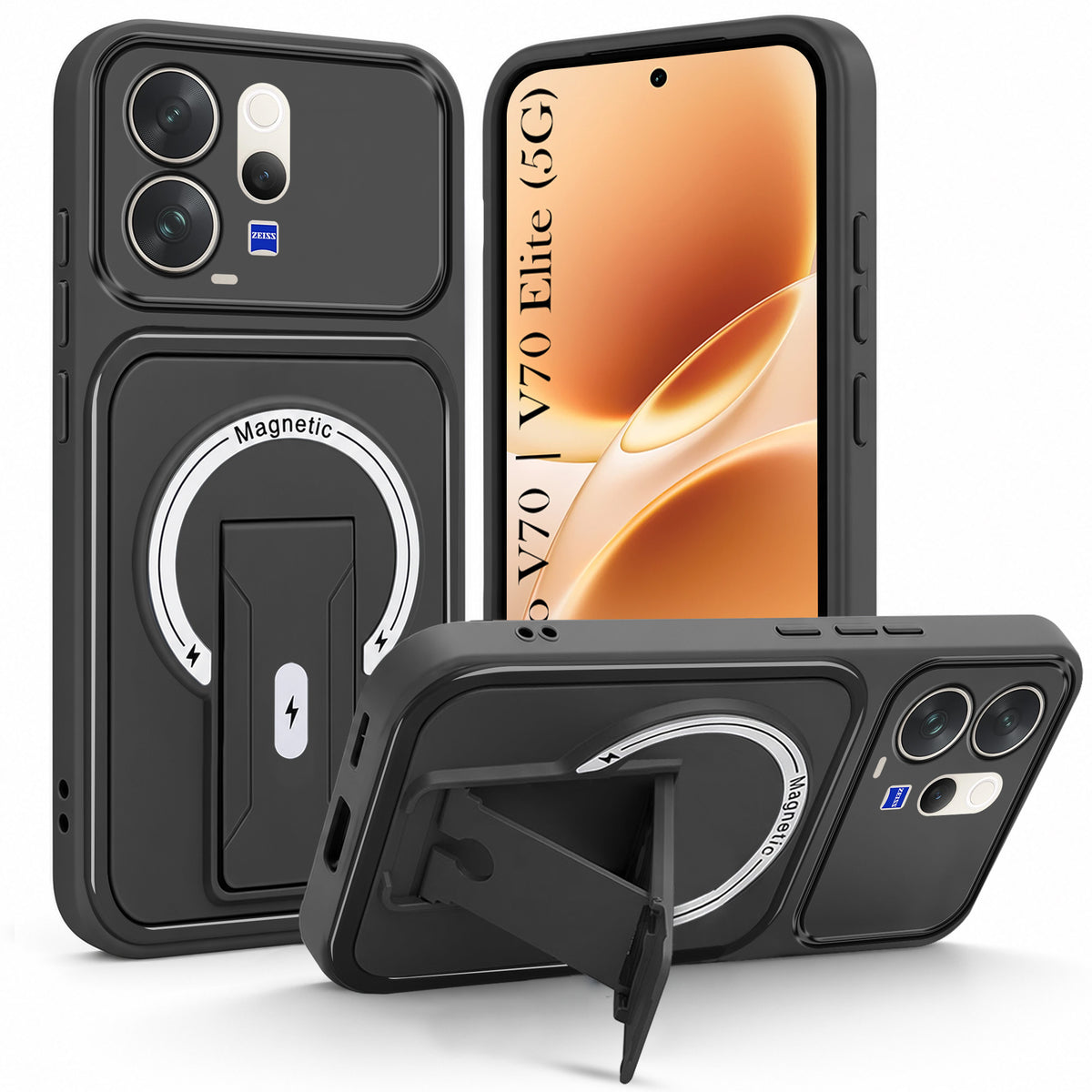 For Vivo V70 | Vivo V70 Elite 5G Back Case Cover Metallic (Hybrid Armor Kickstand | MagSafe Compatible | Camera Protection Shockproof)
