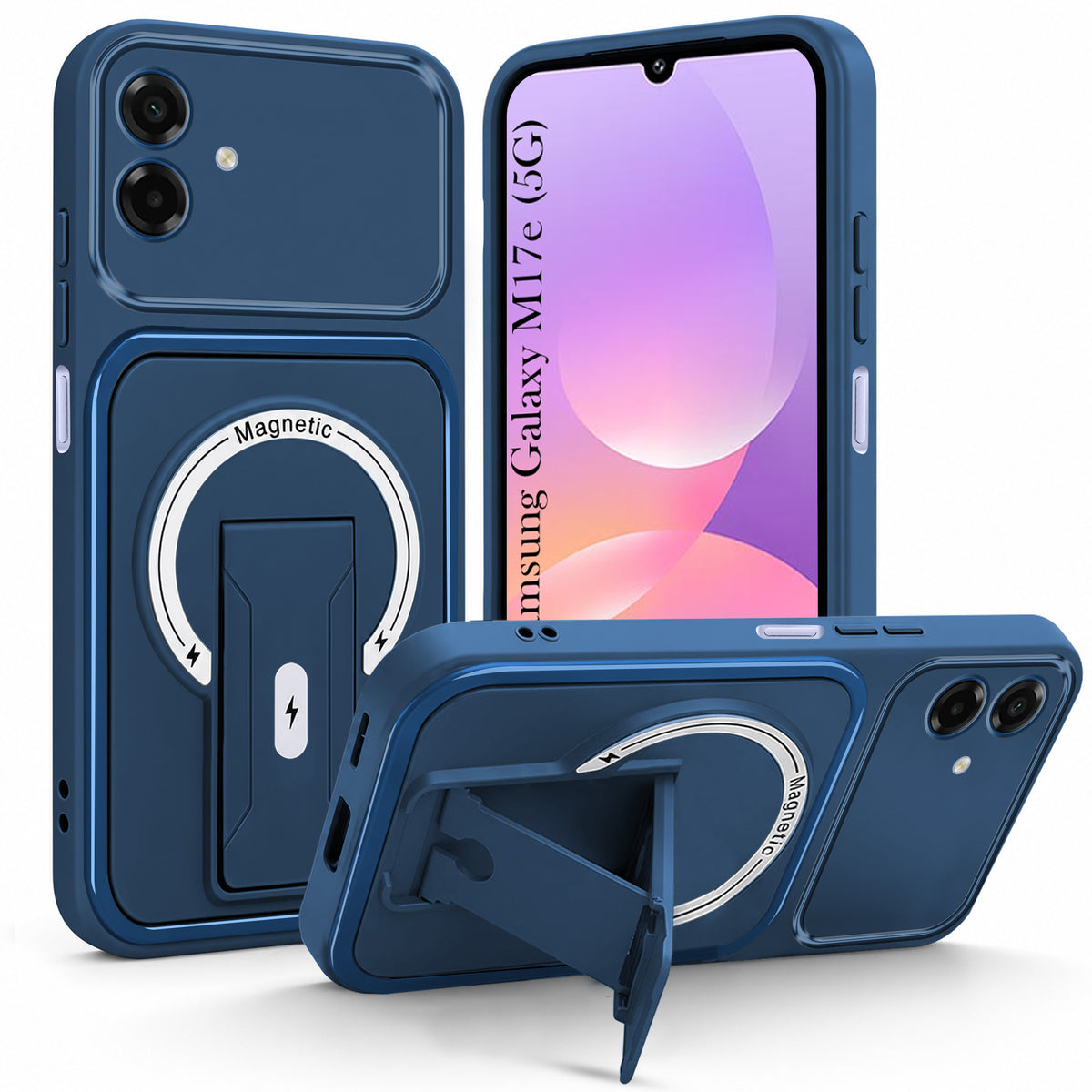 For Samsung Galaxy M17e Back Case Cover Metallic (Hybrid Armor Kickstand | MagSafe Compatible | Camera Protection Shockproof)