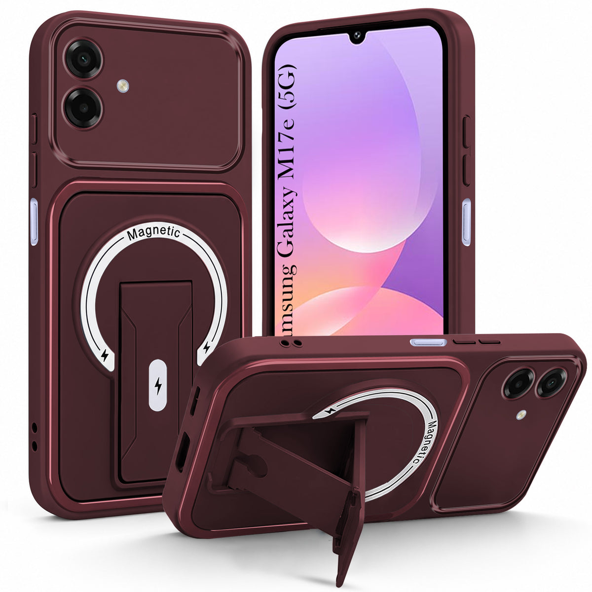For Samsung Galaxy M17e Back Case Cover Metallic (Hybrid Armor Kickstand | MagSafe Compatible | Camera Protection Shockproof)