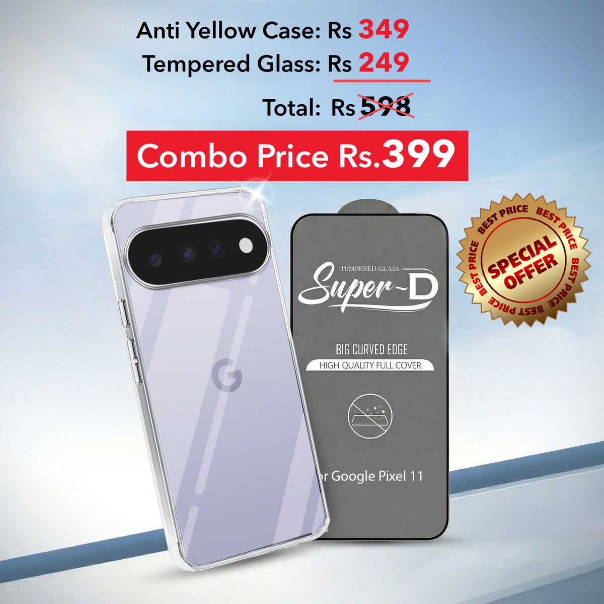 For Google Pixel 11 Combo with Back Cover and 9H Tempered Glass (Lifetime Anti-Yellow | Sleek Hard Crystal | Oleophobic Coating Screen Glass)