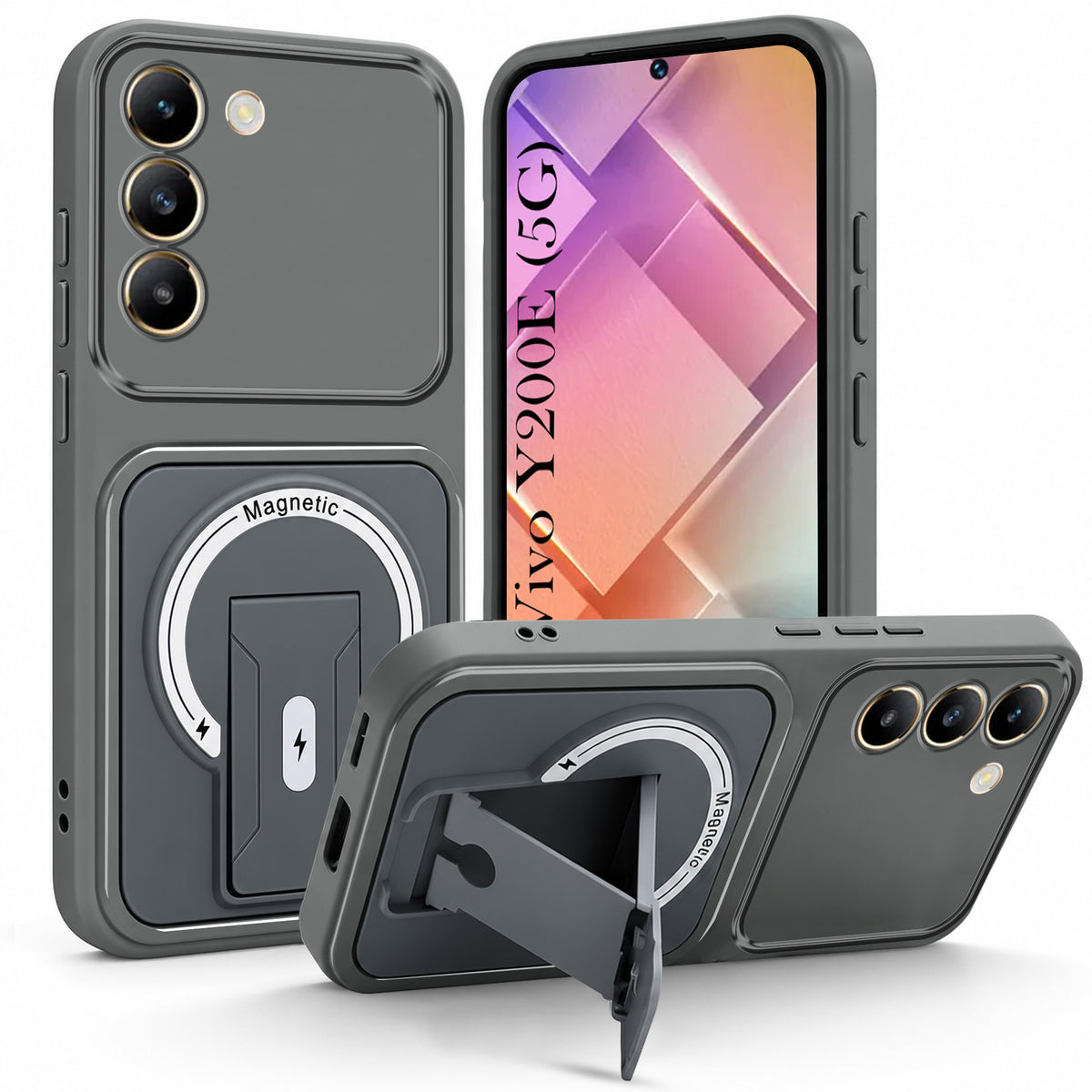 For Vivo Y200e Back Case Cover Metallic (Hybrid Armor Kickstand | MagSafe Compatible | Camera Protection Shockproof)