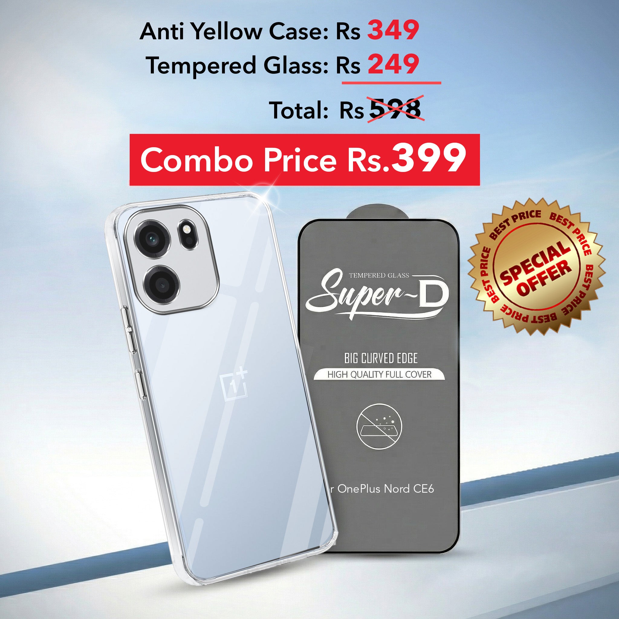 For Oneplus Nord CE 6 Combo with Back Cover and 9H Tempered Glass (Lifetime Anti-Yellow | Sleek Hard Crystal | Oleophobic Coating Screen Glass)