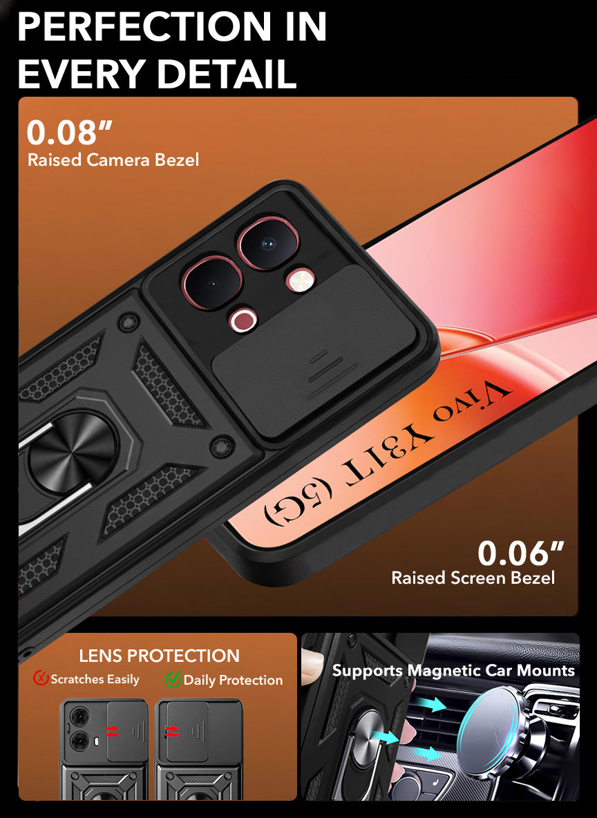 For Vivo Y31T 5G Back Cover Case Hybrid Armor (Sliding Shutter Camera Protection | Polycarbonate |Ring Holder Kickstand)