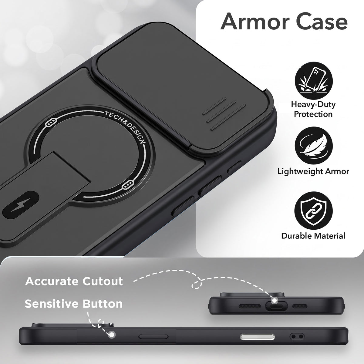 For Apple iPhone 17 Back Case Cover Metallic (Hybrid Armor Kickstand | Sliding Shutter Camera Protection | MagSafe Compatible)