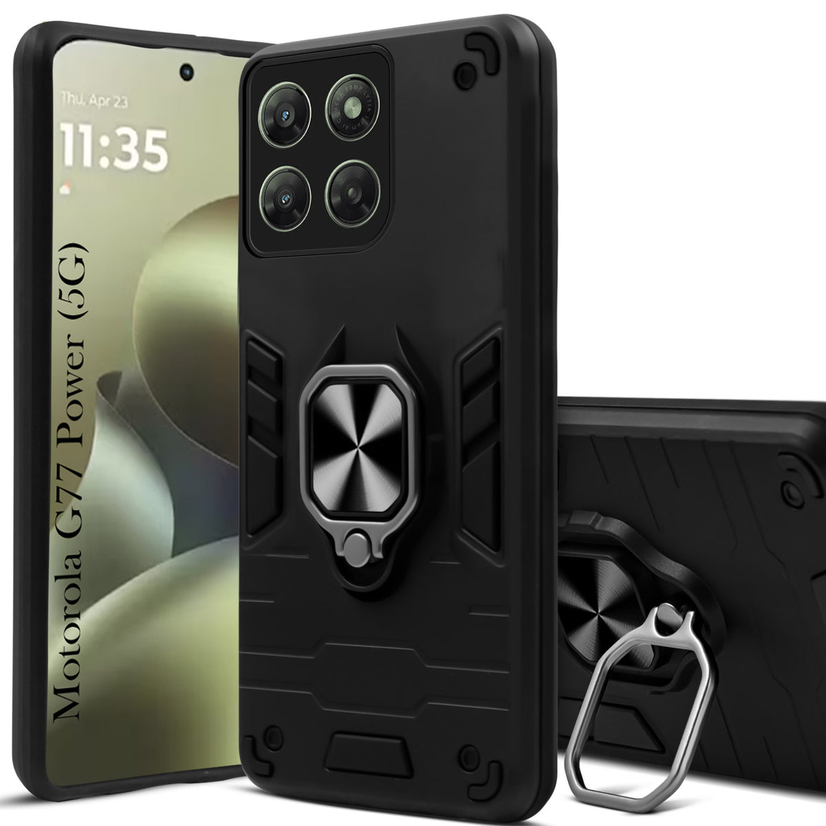 For Motorola Moto G77 Power Hybrid Armor Back Cover Case (Shockproof Dual Layer Polycarbonate |Ring Holder Kickstand)