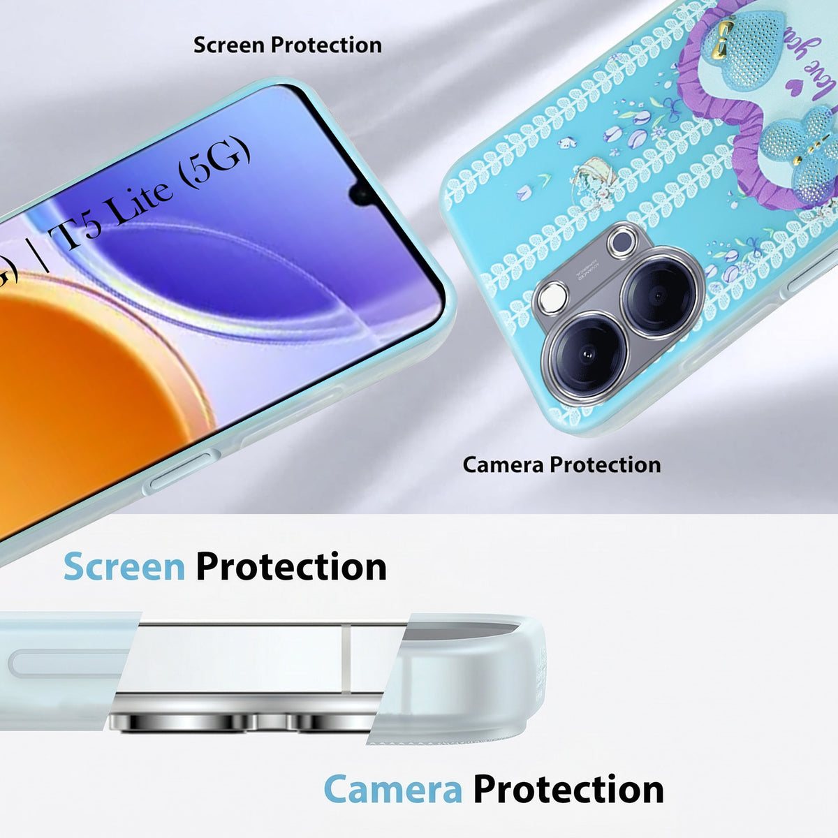 For Vivo Y05 (4G) | Vivo T5 Lite (5G) Back Cover Case (3D Cute Heart Strap Holder | Camera Protection | Designer Girls Print)