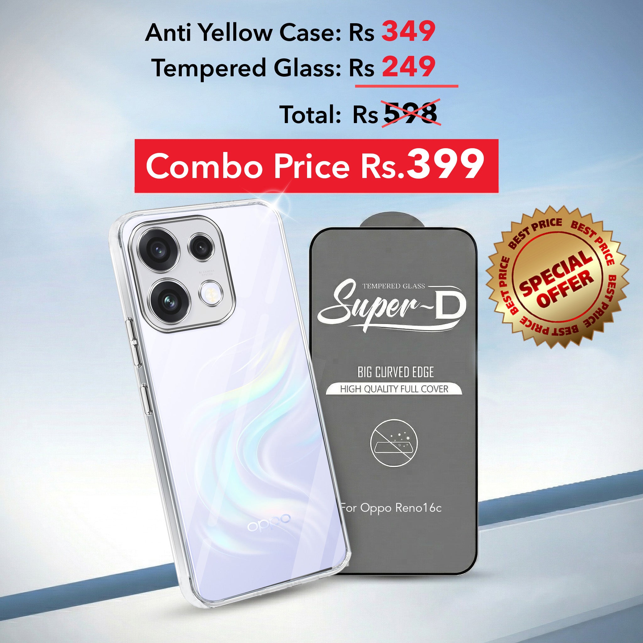 For Oppo Reno 16C 5G Combo with Back Cover and 9H Tempered Glass (Lifetime Anti-Yellow | Sleek Hard Crystal | Oleophobic Coating Screen Glass)