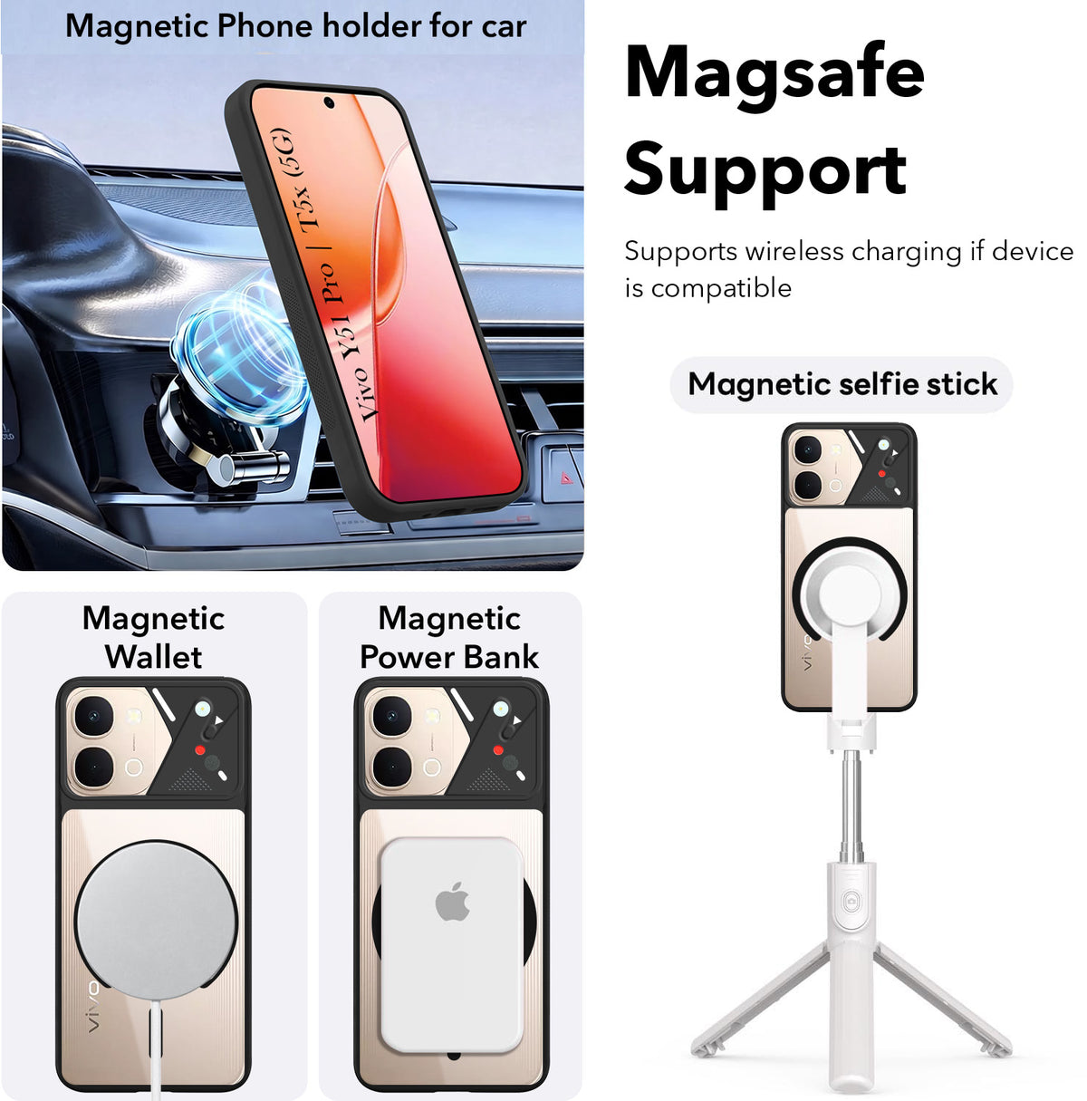 For Vivo Y51 Pro 5G | Vivo T5x Back Cover Case Lifetime Anti-Yellow Clear (Camera Protection | Side Grip | Wireless MagSafe Compatible)