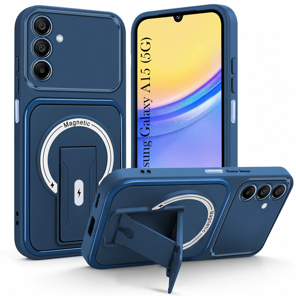 For Samsung Galaxy A15 5G Back Case Cover Metallic (Hybrid Armor Kickstand | MagSafe Compatible | Camera Protection Shockproof)