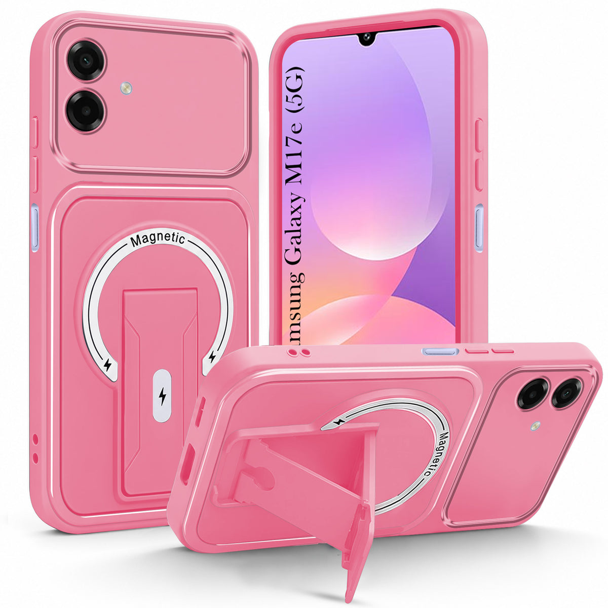 For Samsung Galaxy M17e Back Case Cover Metallic (Hybrid Armor Kickstand | MagSafe Compatible | Camera Protection Shockproof)