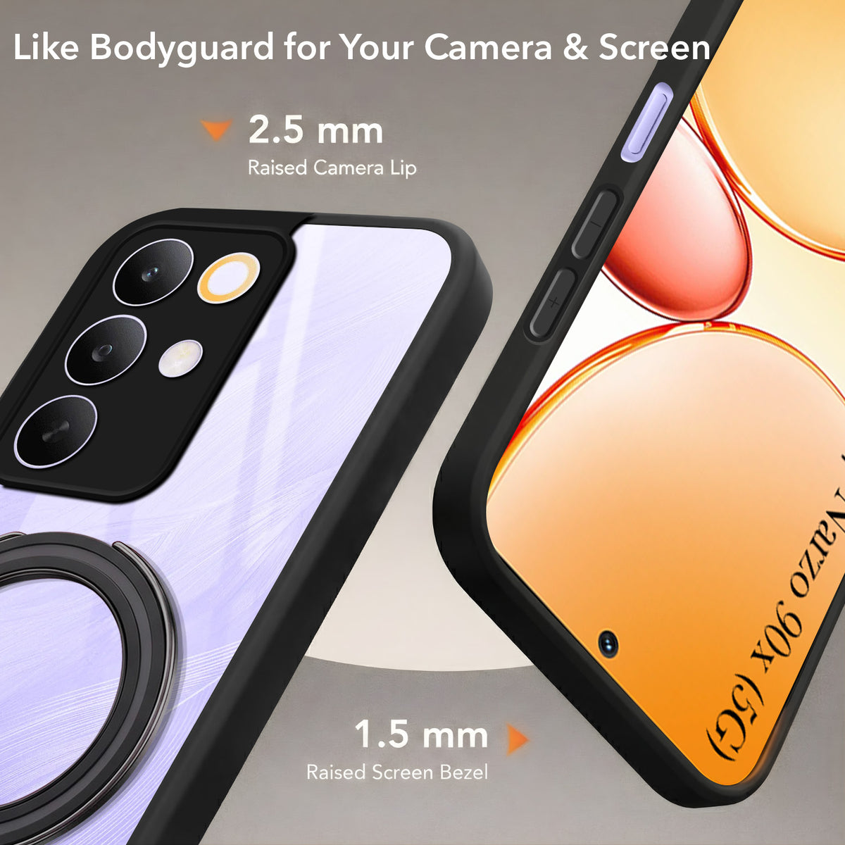 For Realme C85 5G | Realme Narzo 90x Back Cover Case (Kick Stand Ring Holder | Life time Anti Yellow | Camera Protection)