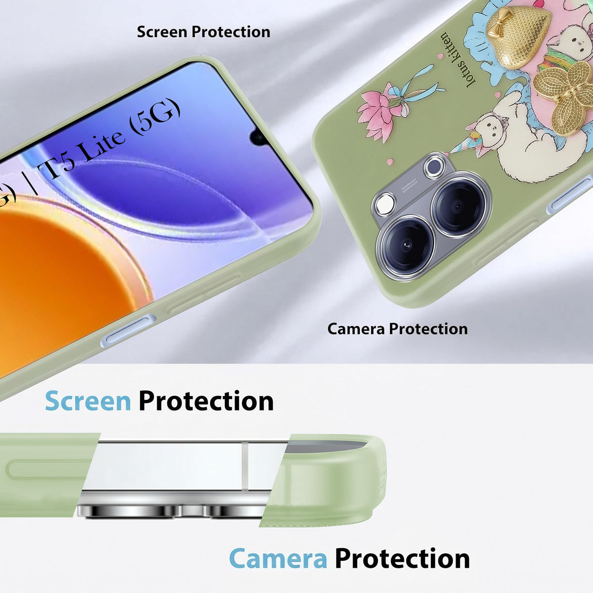 For Vivo Y05 (4G) | Vivo T5 Lite (5G) Back Cover Case (3D Cute Heart Strap Holder | Camera Protection | Designer Girls Print)