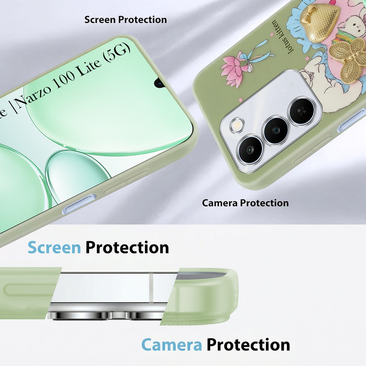 For Realme P4 Lite 5G | Narzo 100 Lite 5G Back Cover Case (3D Cute Heart Strap Holder | Camera Protection | Designer Girls Print)