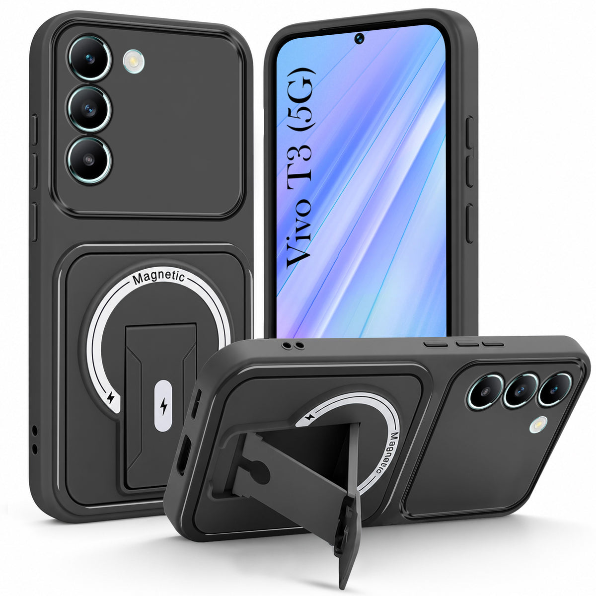 For Vivo T3 5G Back Case Cover Metallic (Hybrid Armor Kickstand | MagSafe Compatible | Camera Protection Shockproof)