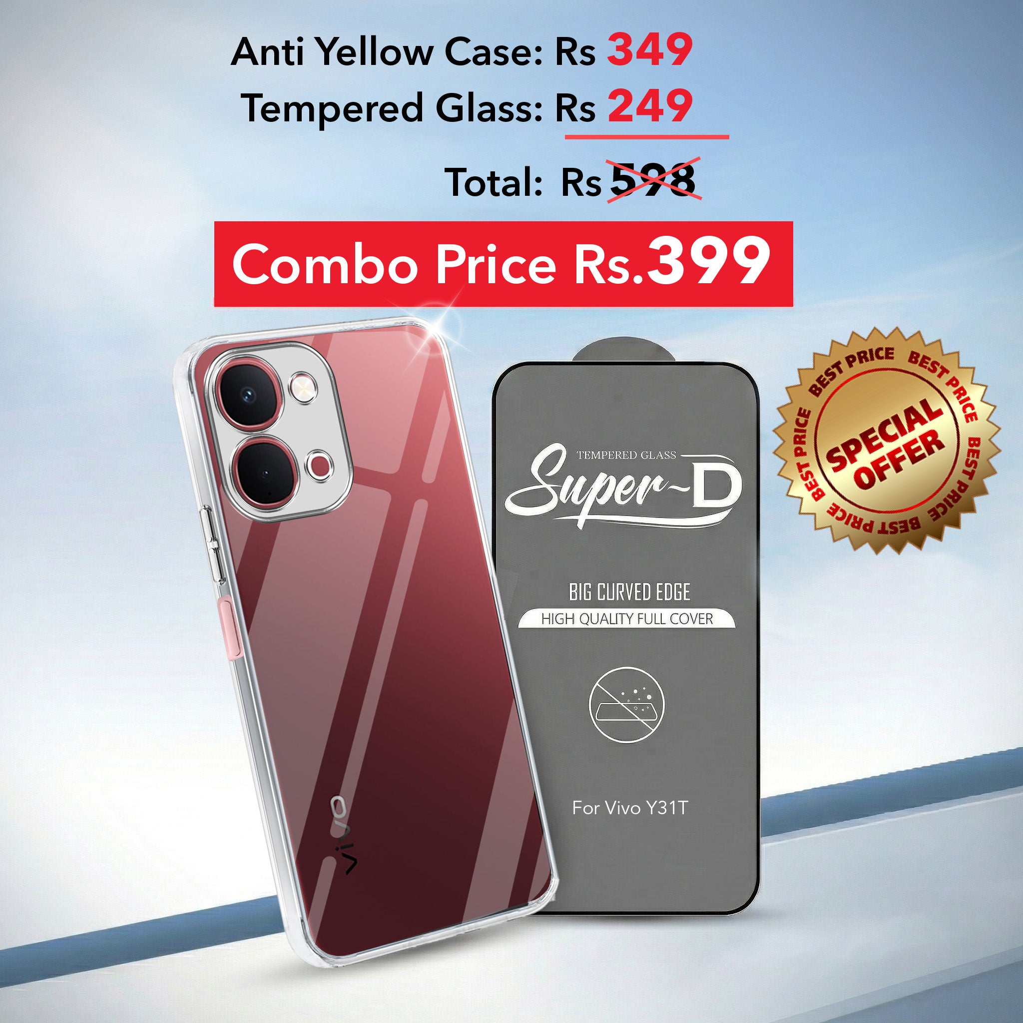 For Vivo Y31T 5G Combo with Back Cover and 9H Tempered Glass (Lifetime Anti-Yellow | Sleek Hard Crystal | Oleophobic Coating Screen Glass)