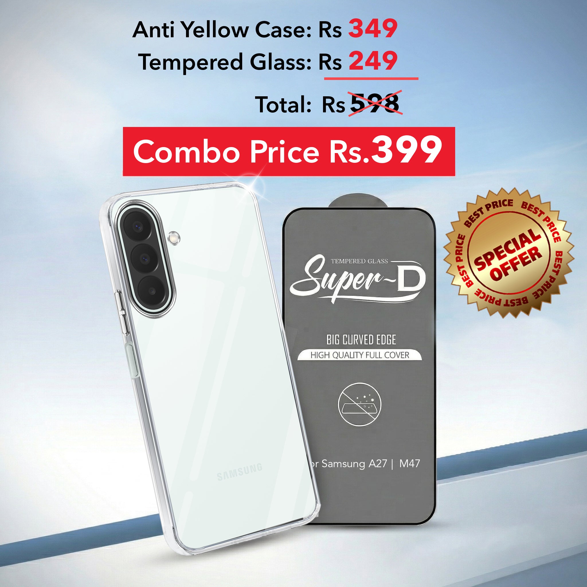 For Samsung A27 5G | Samsung M47 5G Combo with Back Cover and 9H Tempered Glass (Lifetime Anti-Yellow | Sleek Hard Crystal | Oleophobic Coating Screen Glass)