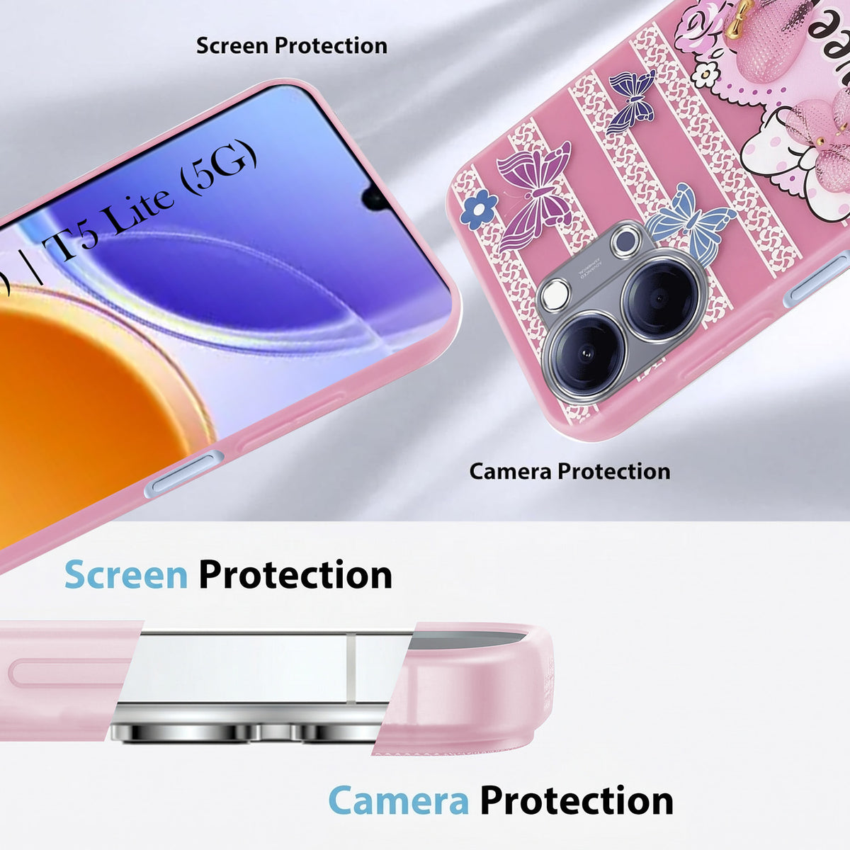For Vivo Y05 (4G) | Vivo T5 Lite (5G) Back Cover Case (3D Cute Heart Strap Holder | Camera Protection | Designer Girls Print)
