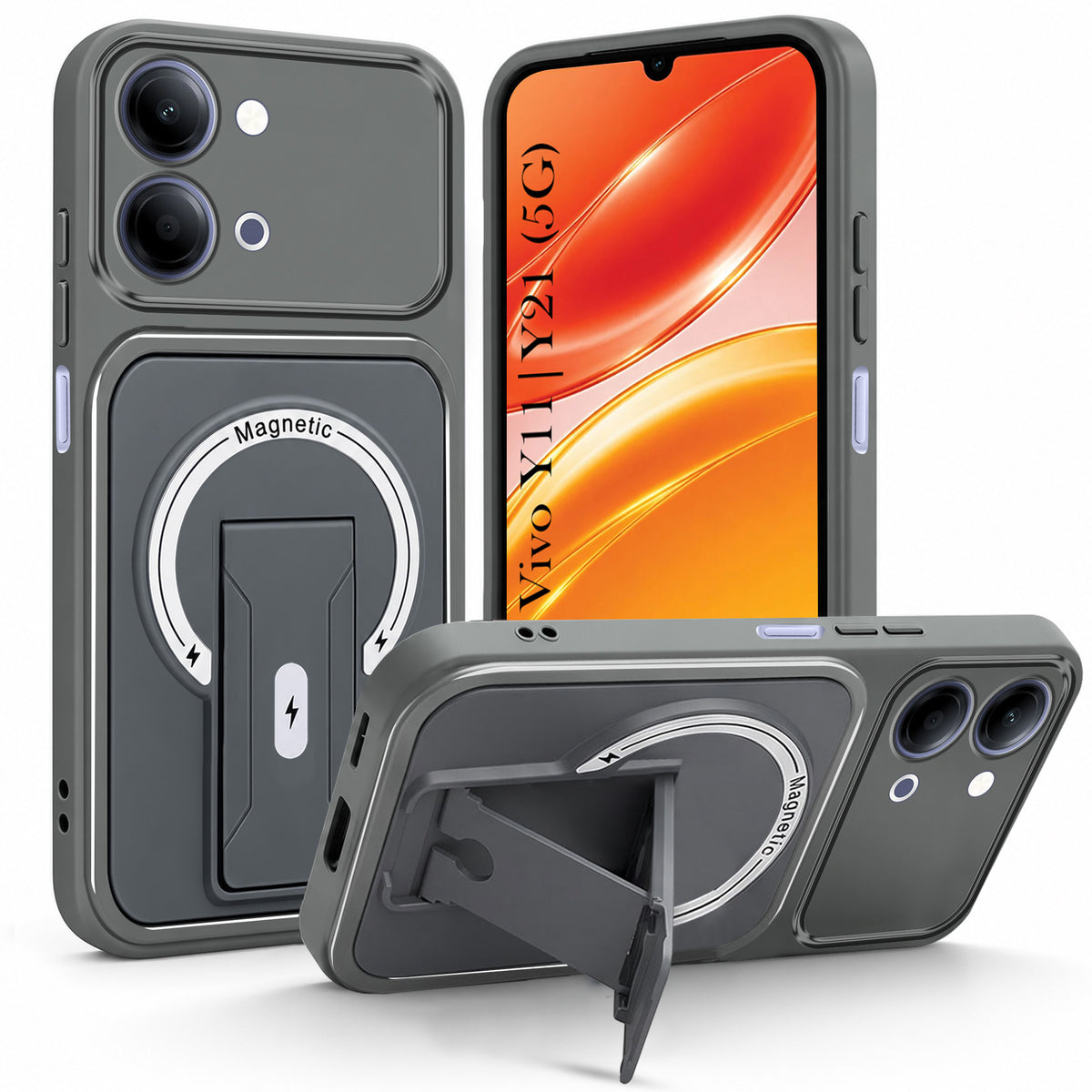 For Vivo Y11 | Vivo Y21 5G Back Case Cover Metallic (Hybrid Armor Kickstand | MagSafe Compatible | Camera Protection Shockproof)