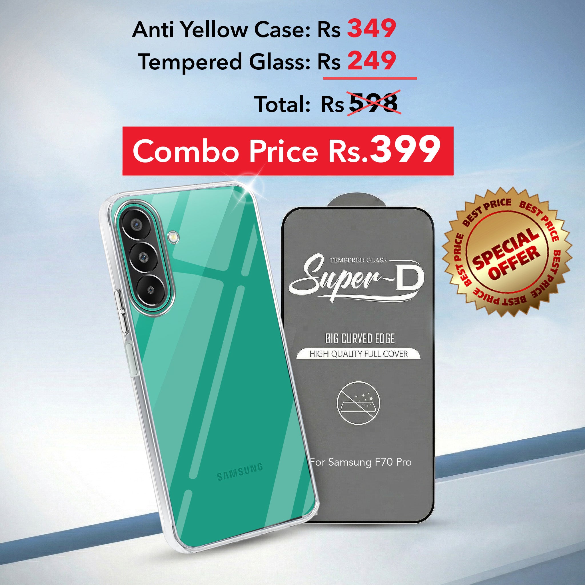 For Samsung Galaxy F70 Pro 5G Combo with Back Cover and 9H Tempered Glass (Lifetime Anti-Yellow | Sleek Hard Crystal | Oleophobic Coating Screen Glass)