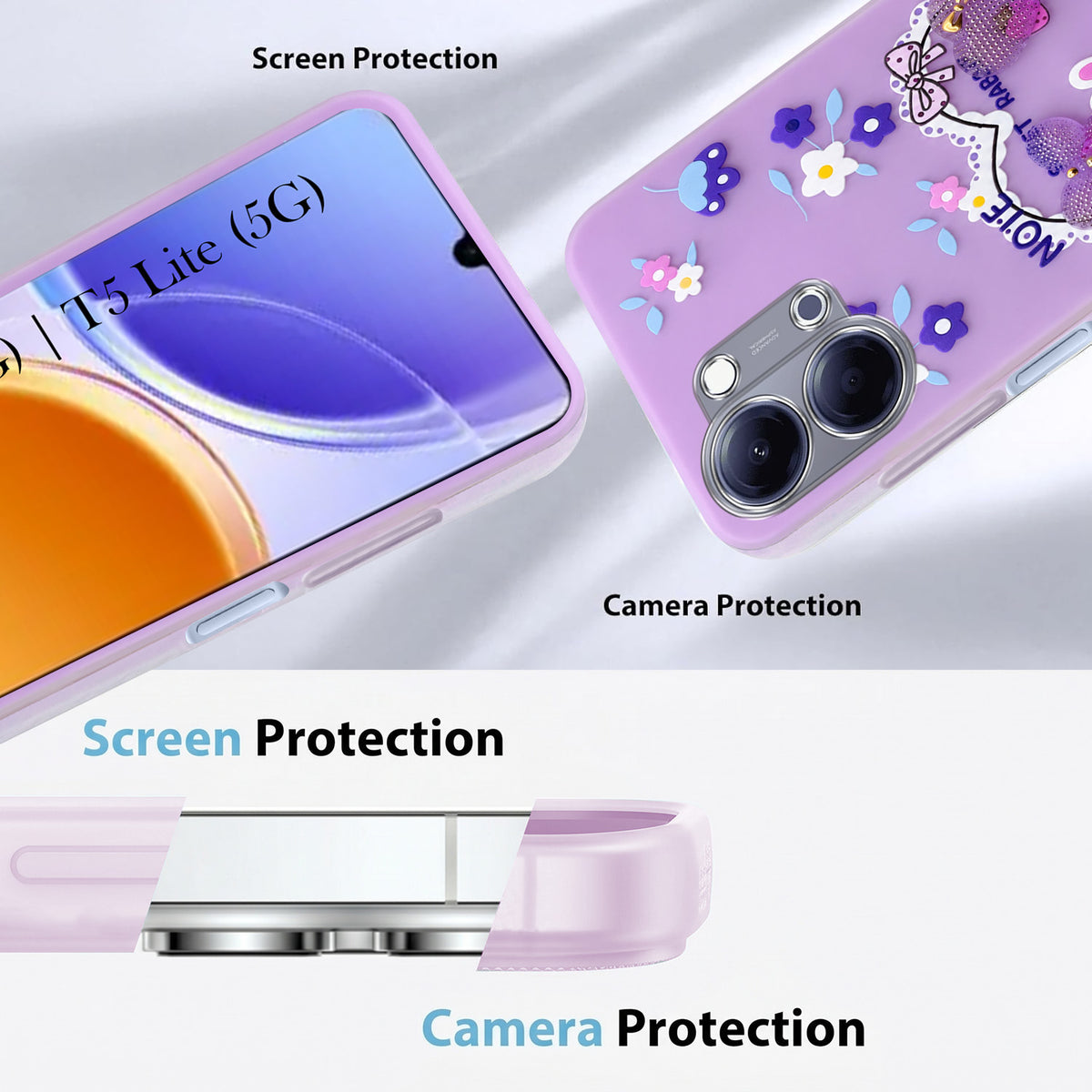 For Vivo Y05 (4G) | Vivo T5 Lite (5G) Back Cover Case (3D Cute Heart Strap Holder | Camera Protection | Designer Girls Print)