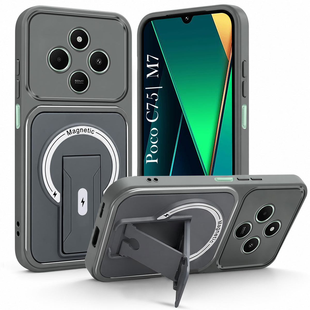For Poco C75 | Poco M7 Back Case Cover Metallic (Hybrid Armor Kickstand | MagSafe Compatible | Camera Protection Shockproof)