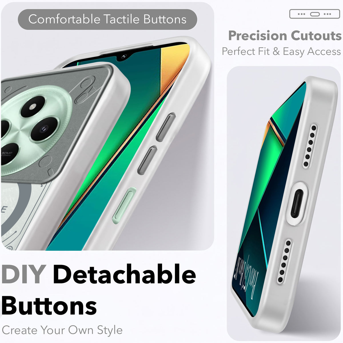 For Poco C75 | Poco M7 Metallic Back Cover Case (Metallic Camera Protection & Buttons | Translucent Milky Shade | Hard Polycarbonate)