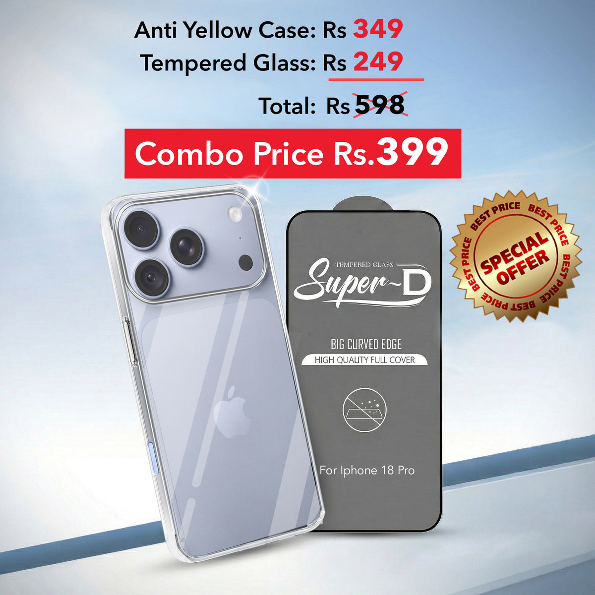 For Apple iPhone 18 Pro Combo with Back Cover and 9H Tempered Glass (Lifetime Anti-Yellow | Sleek Hard Crystal | Oleophobic Coating Screen Glass)