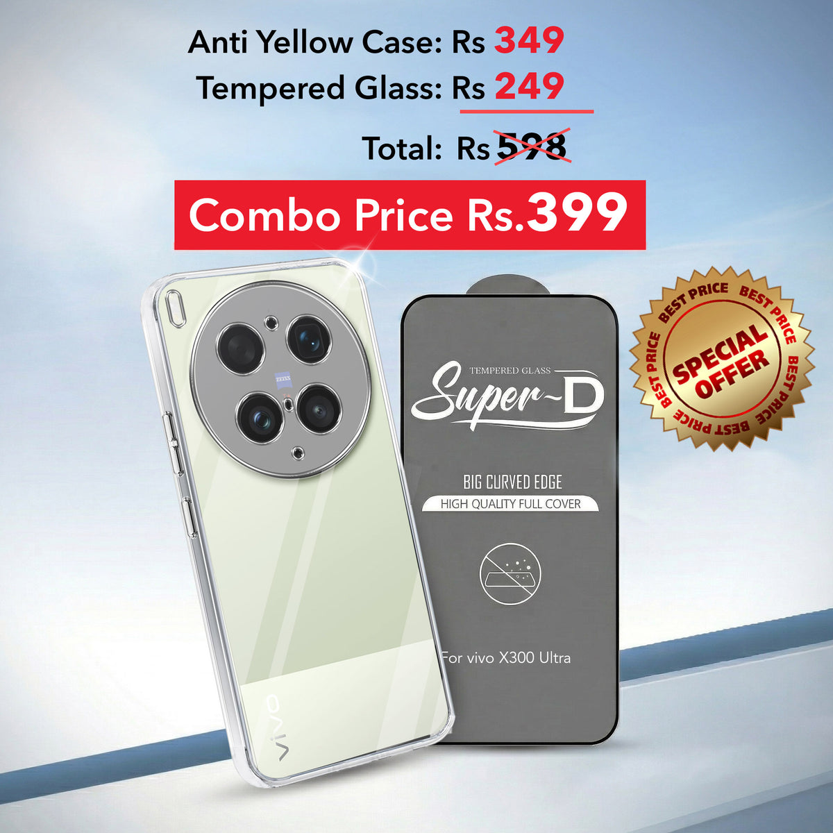 For Vivo X300 Ultra Combo with Back Cover and 9H Tempered Glass (Lifetime Anti-Yellow | Sleek Hard Crystal | Oleophobic Coating Screen Glass)