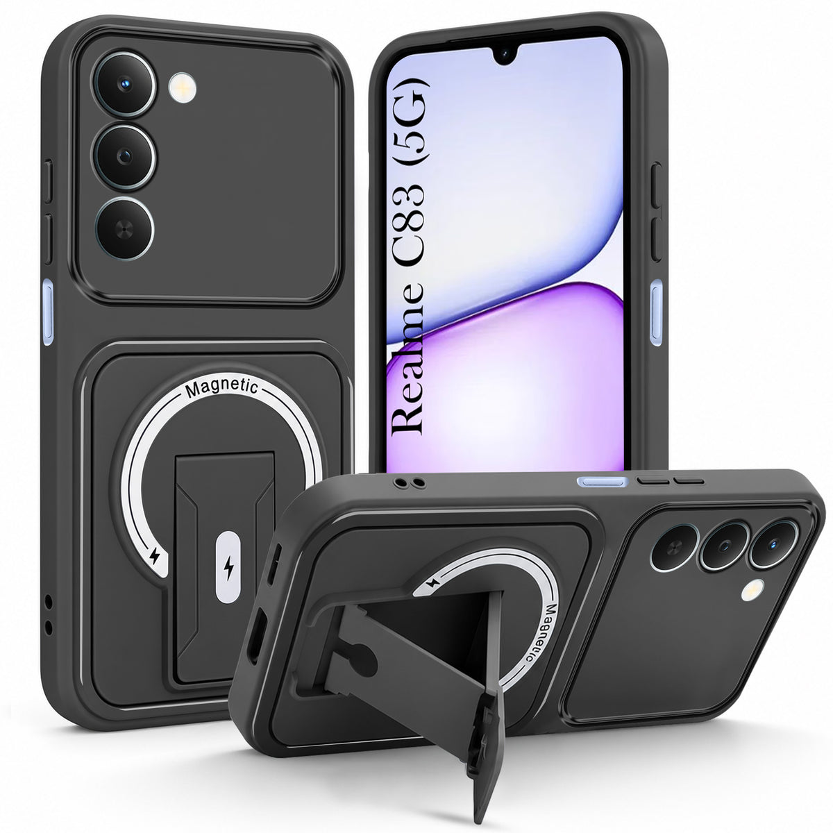 For Realme C83 5G Back Case Cover Metallic (Hybrid Armor Kickstand | MagSafe Compatible | Camera Protection Shockproof)