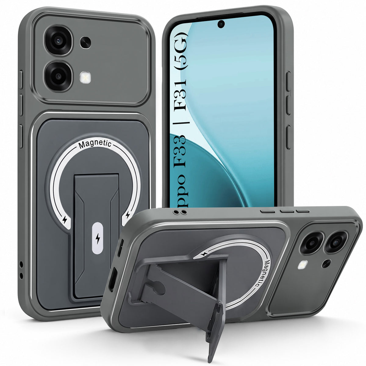 For Oppo F31 5G | Oppo F33 5G Back Case Cover Metallic (Hybrid Armor Kickstand | MagSafe Compatible | Camera Protection Shockproof)
