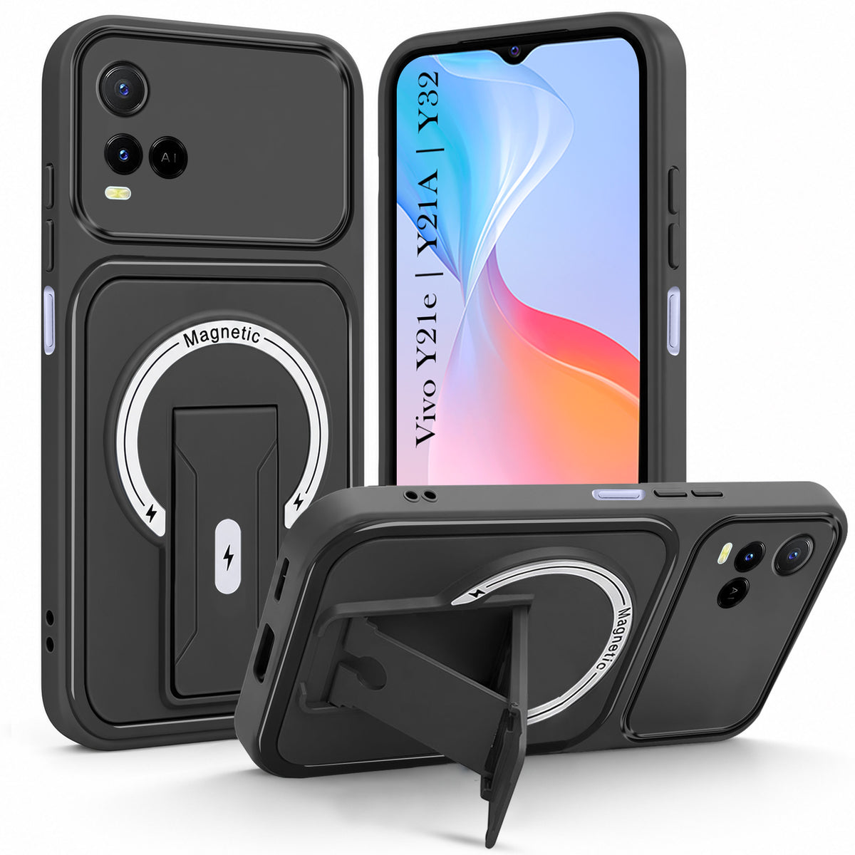 For Vivo Y21e | Vivo Y21A | Vivo Y32 Back Case Cover Metallic (Hybrid Armor Kickstand | MagSafe Compatible | Camera Protection Shockproof)