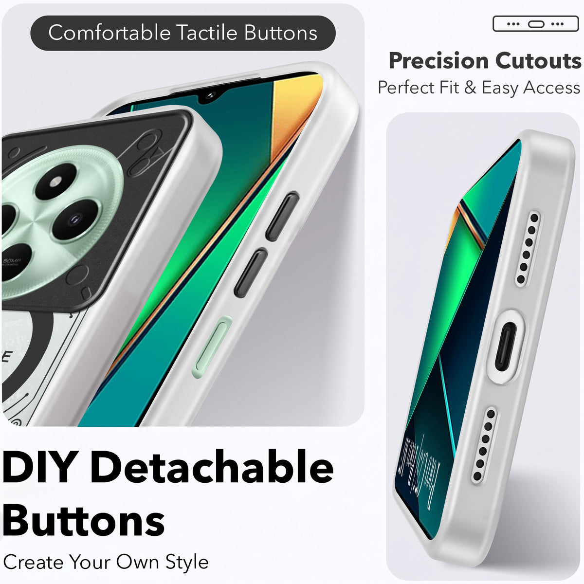 For Poco C75 | Poco M7 Metallic Back Cover Case (Metallic Camera Protection & Buttons | Translucent Milky Shade | Hard Polycarbonate)