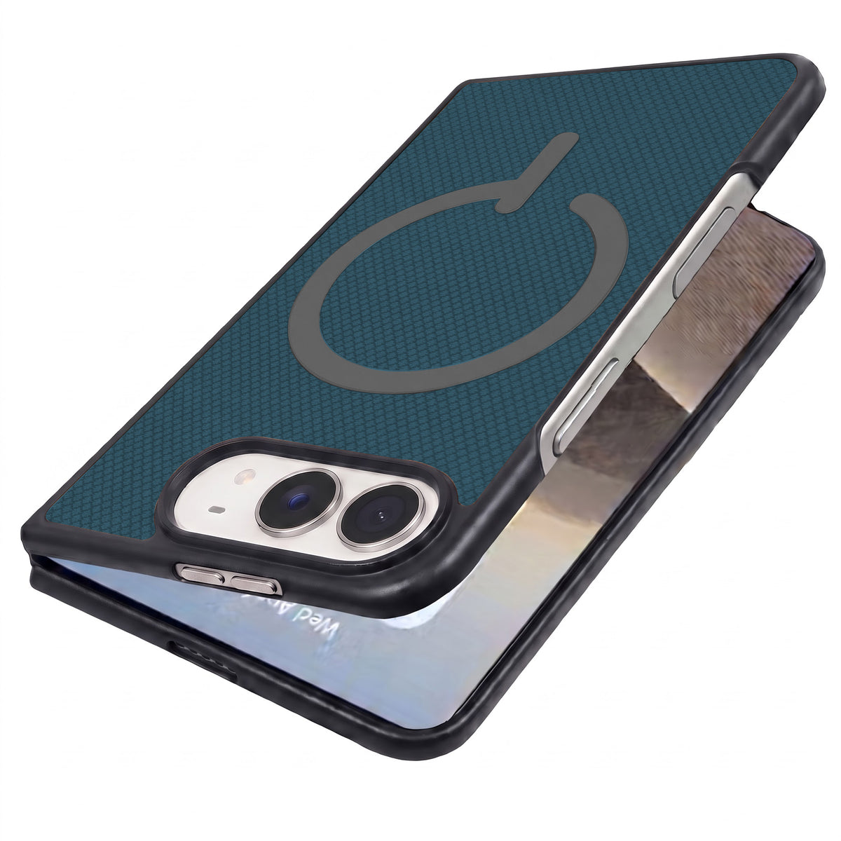For Apple iPhone Duo Premium Magnetic Back Cover Case (MagSafe Compatible | 180° Folding Design | Soft Microfiber Inner Lining | Textured Blue Finish)