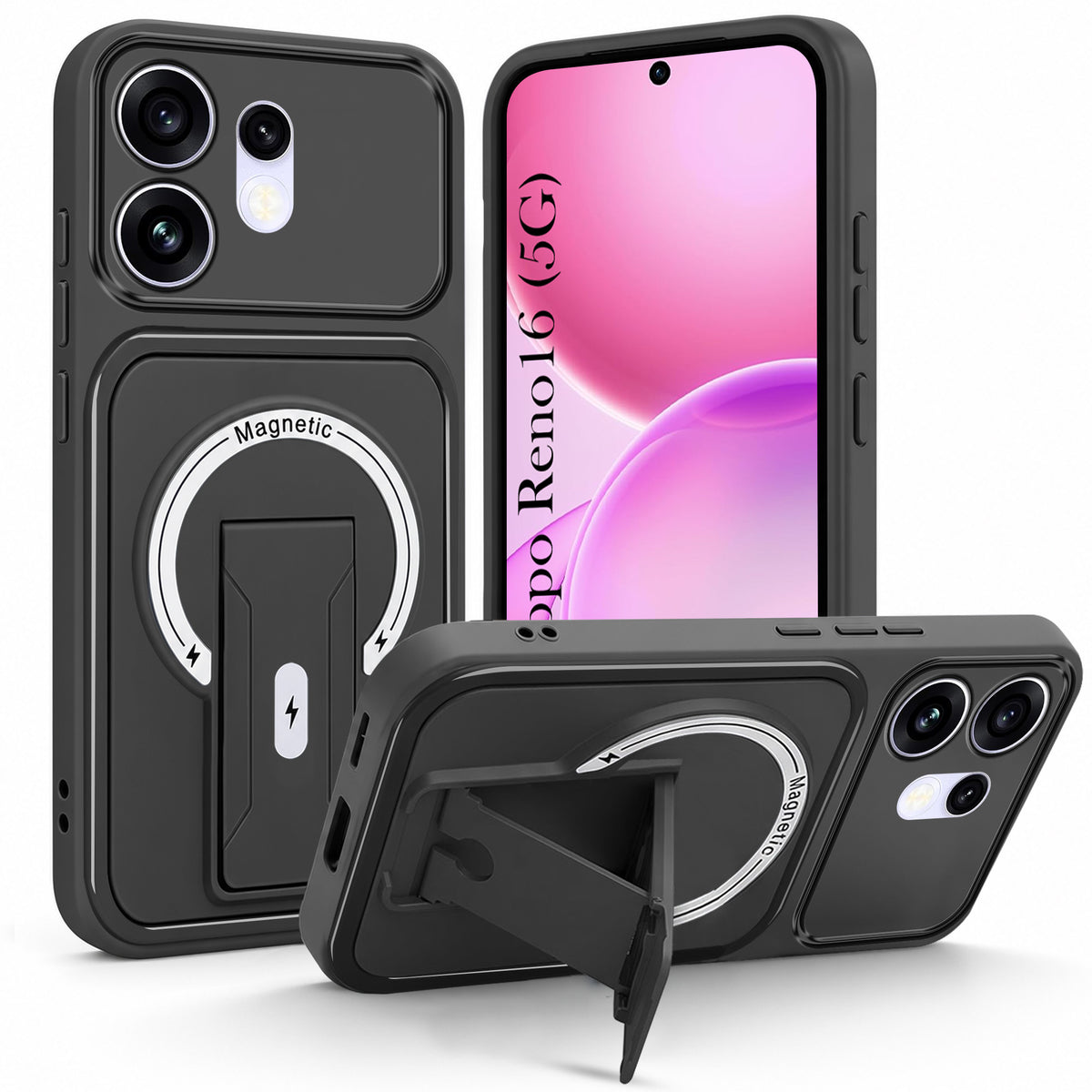 For Oppo Reno 16 Back Case Cover Metallic (Hybrid Armor Kickstand | MagSafe Compatible | Camera Protection Shockproof)