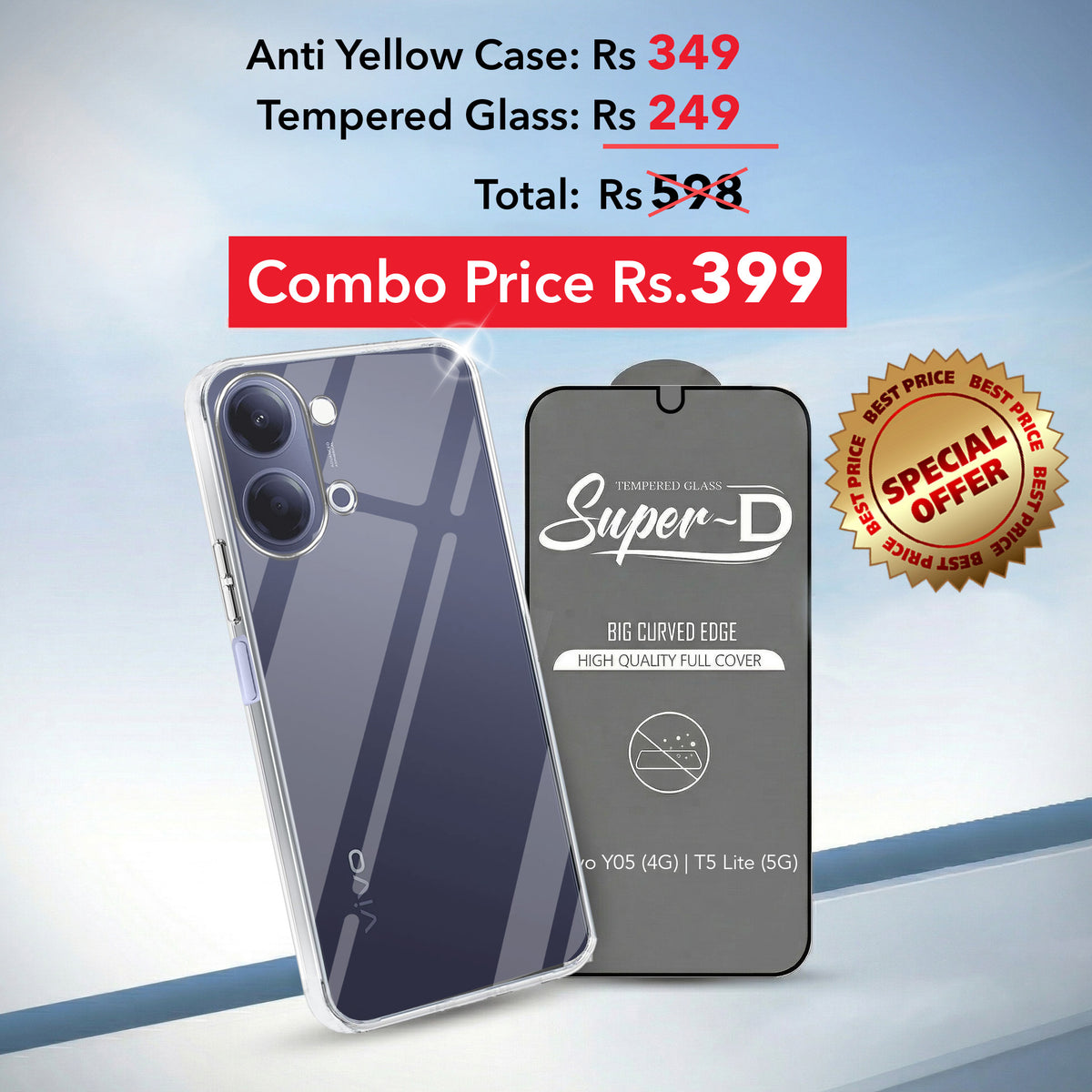 For Vivo Y05 (4G) | Vivo T5 Lite (5G)  Combo with Back Cover and 9H Tempered Glass (Lifetime Anti-Yellow | Sleek Hard Crystal | Oleophobic Coating Screen Glass)