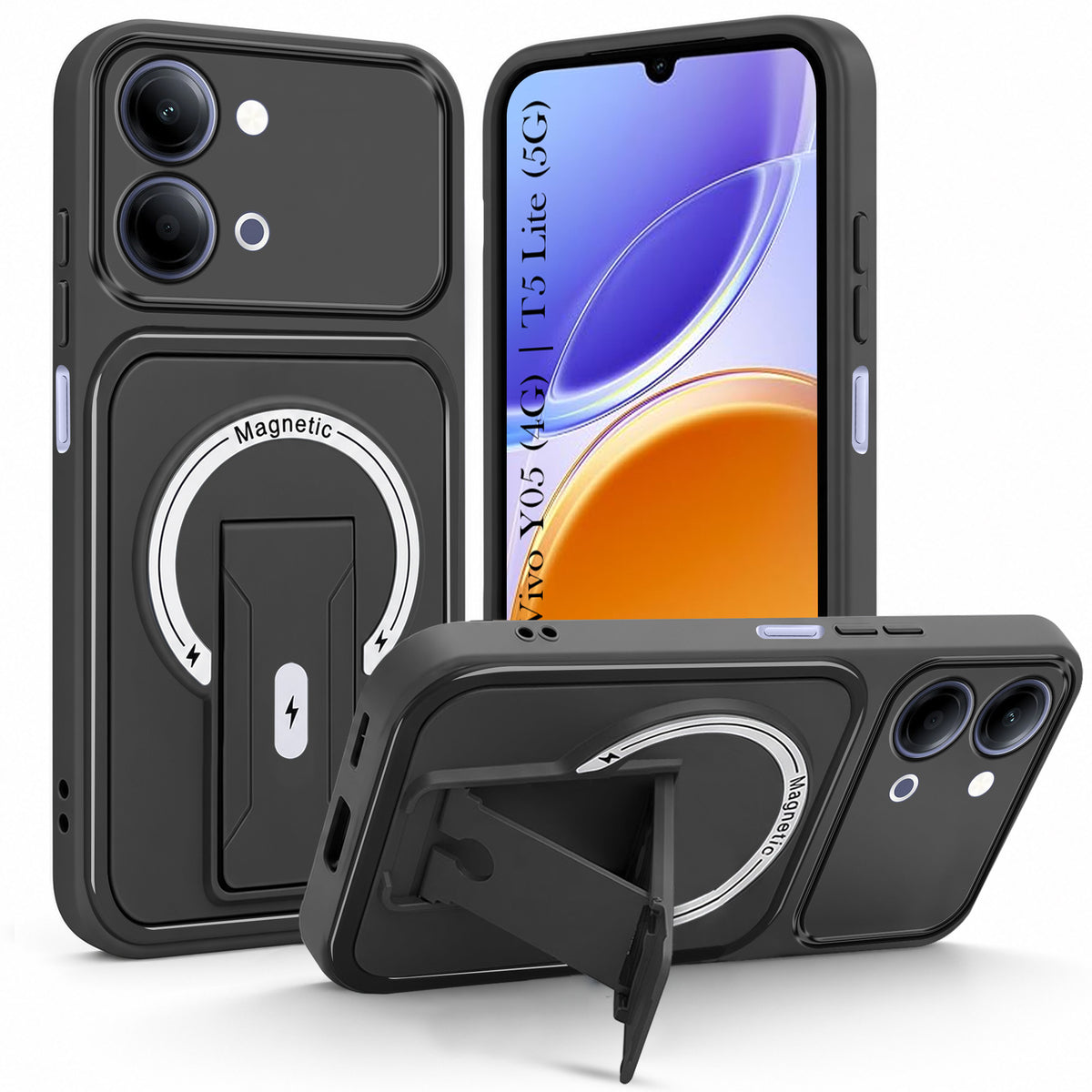 For Vivo Y05 4G | Vivo T5 Lite 5G Back Case Cover Metallic (Hybrid Armor Kickstand | MagSafe Compatible | Camera Protection Shockproof)