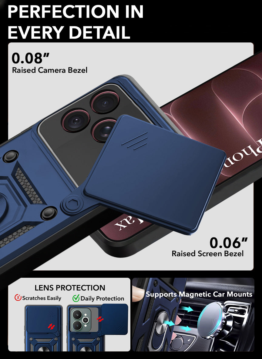 For Apple iPhone 18 Pro Max Back Cover Case Hybrid Armor (Sliding Shutter Camera Protection | Polycarbonate |Ring Holder Kickstand)