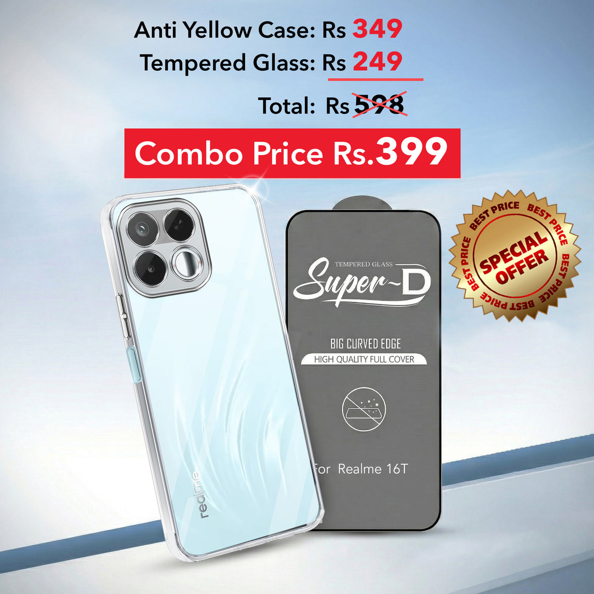 For Realme 16T 5G Combo with Back Cover and 9H Tempered Glass (Lifetime Anti-Yellow | Sleek Hard Crystal | Oleophobic Coating Screen Glass)