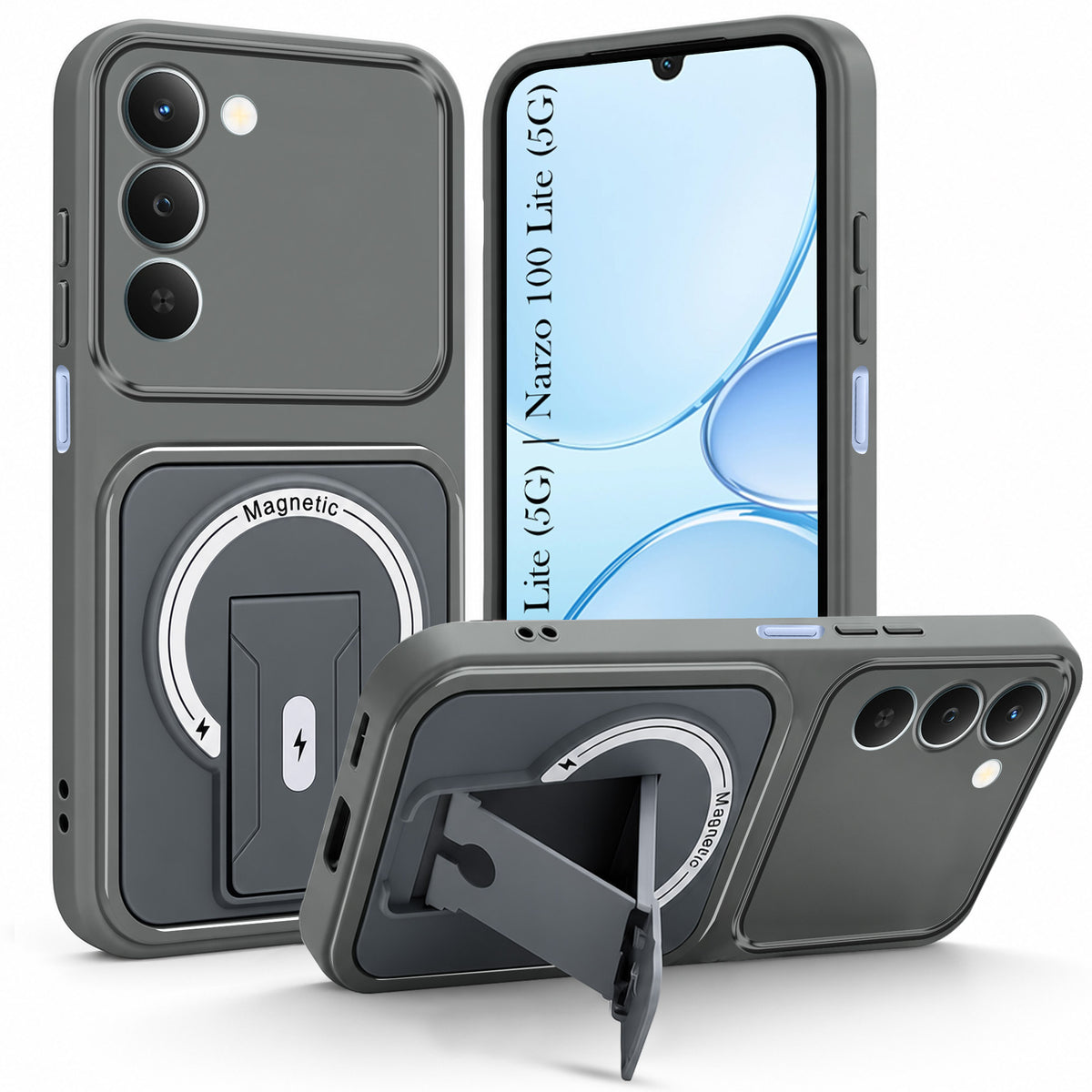 For Realme P4 Lite 5G | Narzo 100 Lite 5G Back Case Cover Metallic (Hybrid Armor Kickstand | MagSafe Compatible | Camera Protection Shockproof)