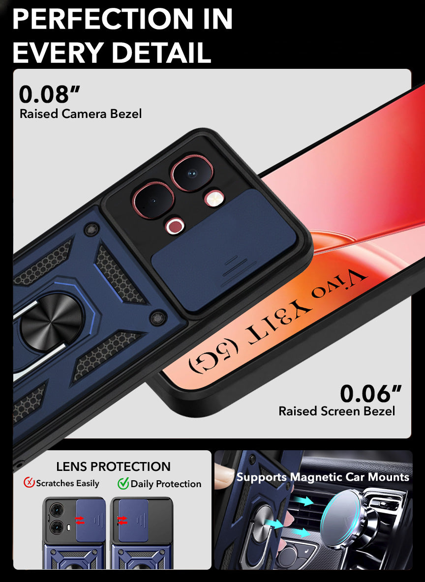 For Vivo Y31T 5G Back Cover Case Hybrid Armor (Sliding Shutter Camera Protection | Polycarbonate |Ring Holder Kickstand)
